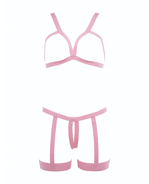 Thumbnail for Kitten Teaser Strappy Open Cup Bra & Open Panty w/Leg Straps Pink O/S