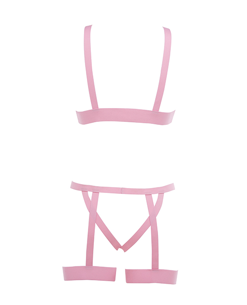 Thumbnail for Kitten Teaser Strappy Open Cup Bra & Open Panty w/Leg Straps Pink O/S