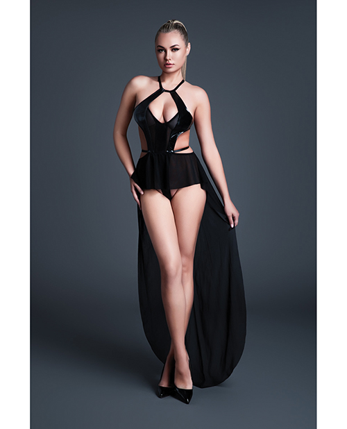 Thumbnail for Allure Take Me Latex Look Vinyl and Mesh Teddy w/Attached Skirt - Black MD