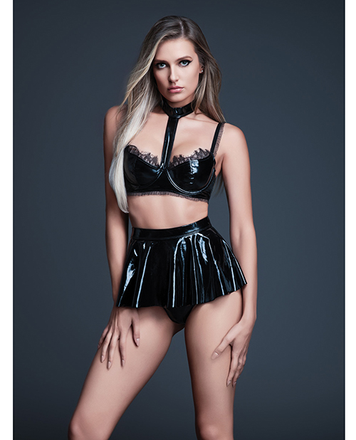 Allure Naughty Nights Latex Look Vinyl and Lace Choker Bra &amp; Mini Skirt 2 pc Set - Black MD