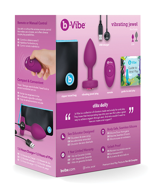 Thumbnail for b-Vibe Remote Control Vibrating Jewel Plug (S/M) - Fuchsia