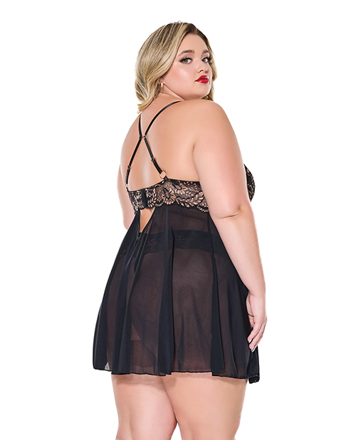 Thumbnail for Lace and Mesh Underwire Babydoll w/Thong - Black/Rose Gold 1X/2X