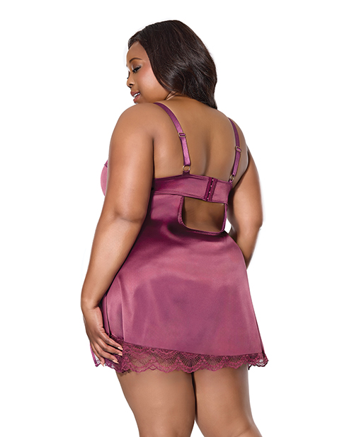 Thumbnail for Scallop Lace Trimmed Stretch Satin Chemise w/Underwire Cups - Mauve Plum 1X/2X