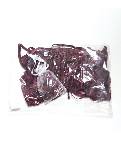 Thumbnail for Stretch Scallop Lace Underwire Bra w/Garter &amp; Satin G-String 3 pc Set - Mauve Plum MD
