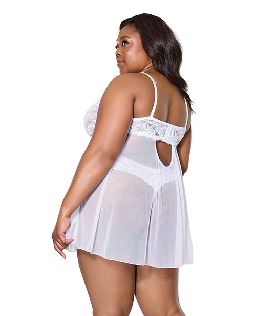 Thumbnail for Scallop Stretch Lace &amp; Mesh Babydoll w/Thong - White 1X/2X