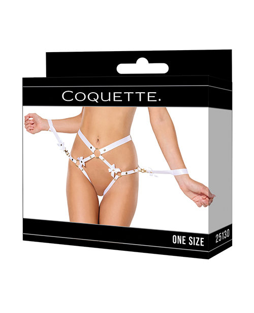 Thumbnail for Satin Ribbon w/Elastic Harness &amp; Cuffs Set - White/Gold O/S
