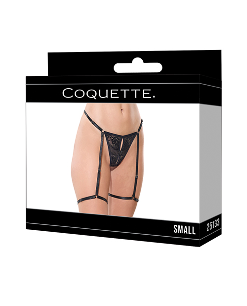 Thumbnail for Lace Thong w/Garters and Bow Detail - Black SM
