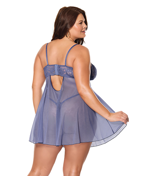 Thumbnail for Twilight Fever Lace &amp; Mesh Babydoll w/G-String - Navy 1X/2X