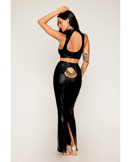 Thumbnail for Stretch Faux Leather Harness Bra &amp; Long Slip Skirt - Black LG