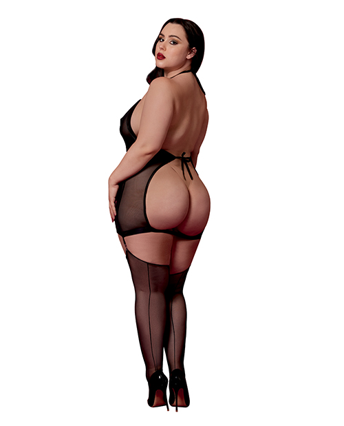 Thumbnail for Stretch Mesh and Faux Leather Gartered Chemise w/Removable Flogger - Black QN