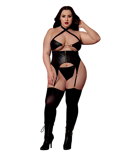 Faux Leather Bustier w/Gold Details &amp; G-String 2 pc Set - Black QN