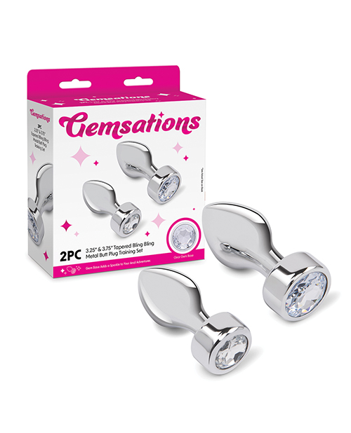 Thumbnail for Gemsations 2 pc 3.25&quot; &amp; 3.7&quot; Tapered Bling Bling Metal Butt Plug Training Set - Silver