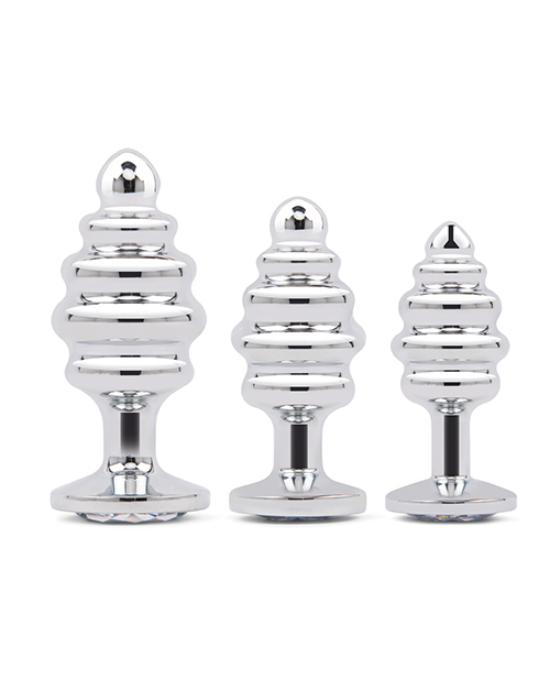 Thumbnail for Gemsations 3 pc 2.95" & 3.25" & 3.7" Ripple Bling Bling Metal Butt Plug Training Set - Silver