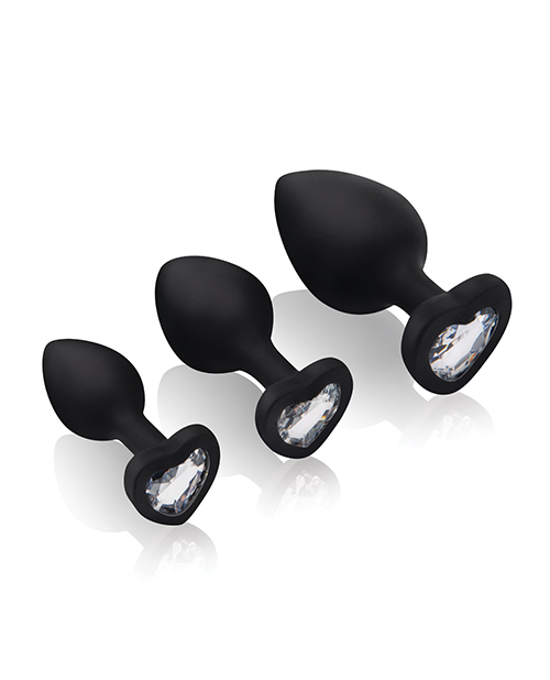 Thumbnail for Gemsations 3 pc 2.75" & 3.15" & 3.7" Silicone Bling Bling Heart Butt Plug Training Set - Black
