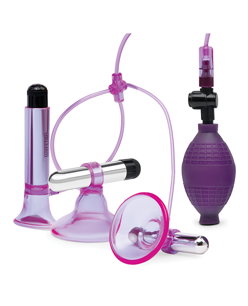 Thumbnail for Lux Fetish Vibrating Nipple Suckers w/Clitoral Pump & Quick Release - Pink/Purple