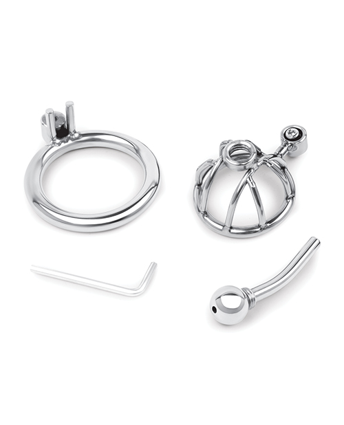 Thumbnail for Lockmaster Stainless Steel Inverted Micro Chastity Cage w/Urethral Straw - Silver