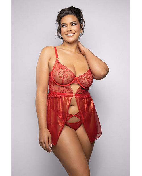 Ruby Shimmer Lace &amp; Mesh Babydoll w/Panty - Red 3X/4X