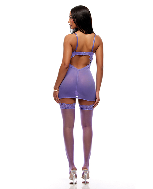 Thumbnail for See It Through Guipure Lace Chemise w/Thong &amp; Stockings - Purple XL