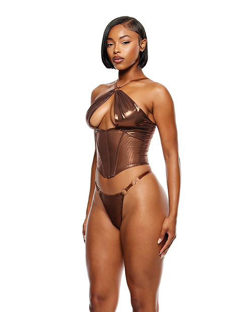 Thumbnail for Liquid Metal Metallic Mesh Bustier w/G-String 2 pc Set - Metallic Copper MD