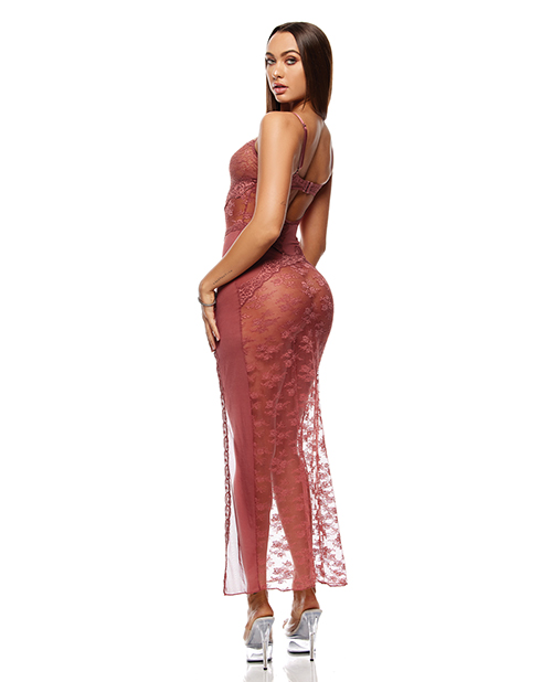 Thumbnail for Patch of Petals Sheer Mesh and Lace Gown w/Thong 2 pc Set - Mauve SM