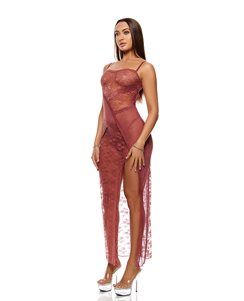 Thumbnail for Patch of Petals Sheer Mesh and Lace Gown w/Thong 2 pc Set - Mauve XL
