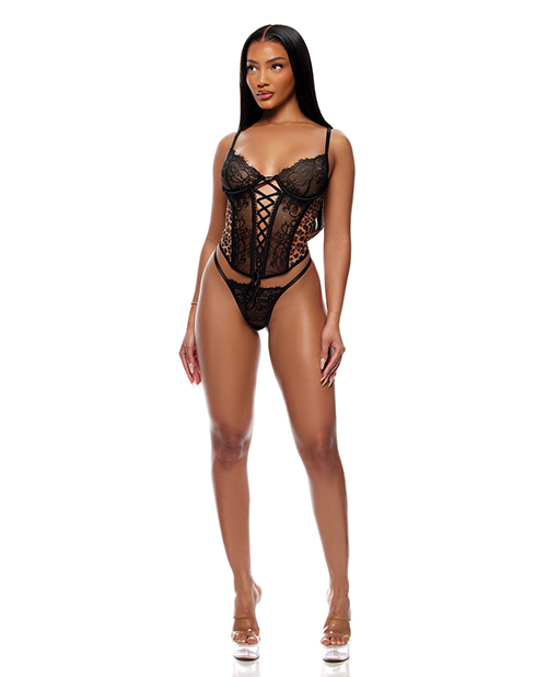 Thumbnail for Animal Instincts Sheer Mesh and Lace Bustier w/Thong 2 pc Set - Animal XL