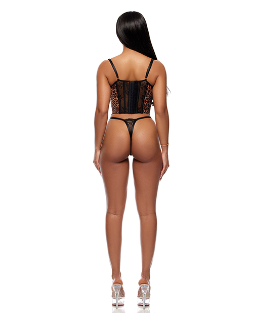 Thumbnail for Animal Instincts Sheer Mesh and Lace Bustier w/Thong 2 pc Set - Animal XL