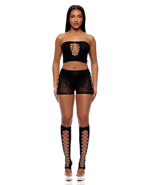 Cross Your Mind Tube Top w/Boy Short &amp; Open Toe Socks Bodystocking - Black O/S
