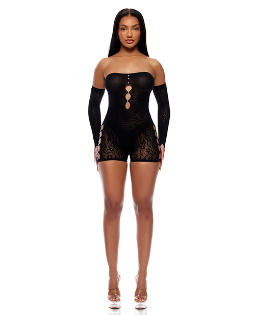 Cross Your Mind Romper Bodystocking w/Rhinestone Details &amp; Gloves 2 pc Set - Black QN