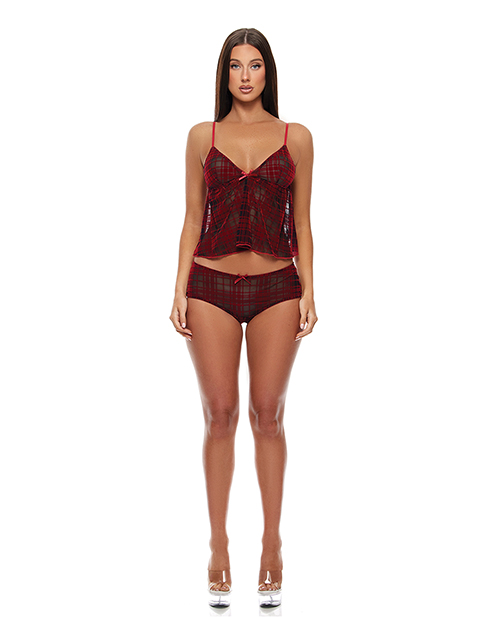 Velvet Lines Mesh Cami &amp; Boy Short 2 pc Set - Red/Black SM