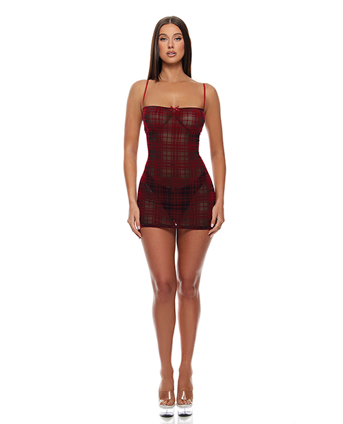 Velvet Lines Mesh Chemise &amp; Thong 2 pc Set - Red/Black MD