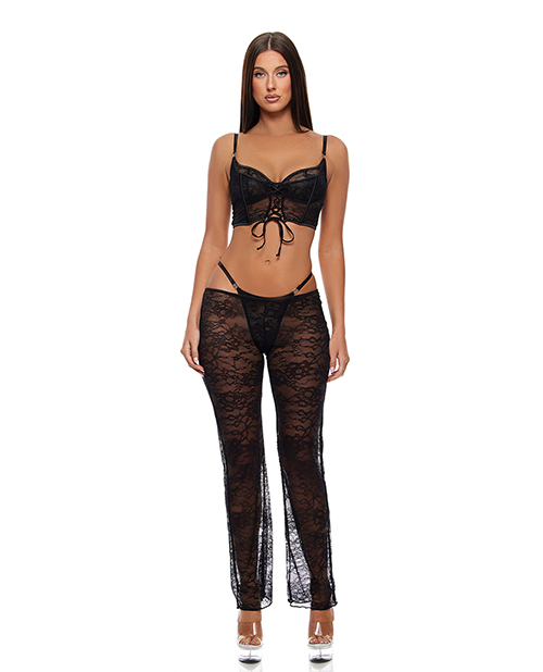 Layer of Seduction Lace Bra, Thong, &amp; Pants 3 pc Set - Black MD
