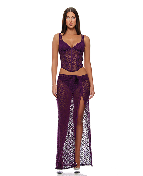Feel Me Lace Bustier, Panty, &amp; Skirt 3 pc set - Purple LG