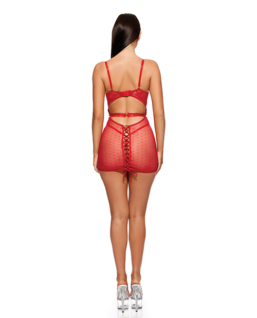 Thumbnail for La Vie En Rose Metallic Embroidered Chemise, Panty &amp; Belt 3 pc Set - Red XL