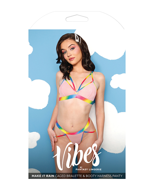 Thumbnail for Vibes Make it Rain Caged Bralette &amp; Panty w/Booty Rainbow L/XL
