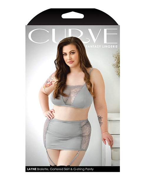 Thumbnail for Curve Layne Lace &amp; Microfiber Bralette w/Garter Skirt &amp; G-String Gray1X/2X