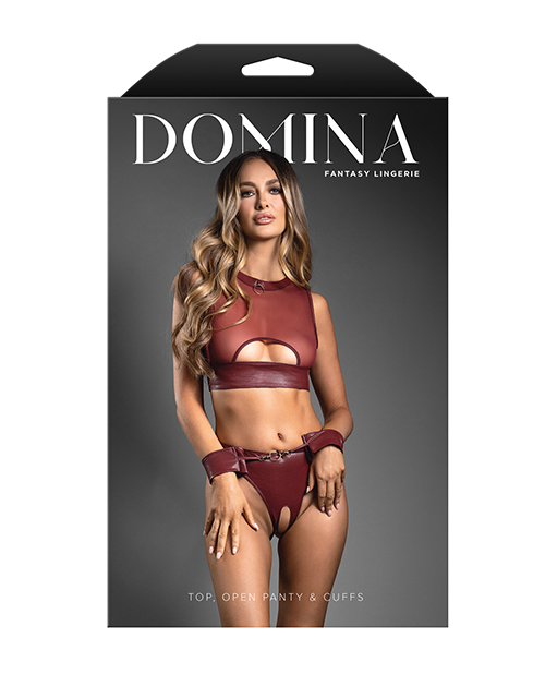 Thumbnail for Domina Sheer Mesh & Vegan Leather 3 pc Set w/Crotchless Panty & Handcuffs - Burgundy L/XL