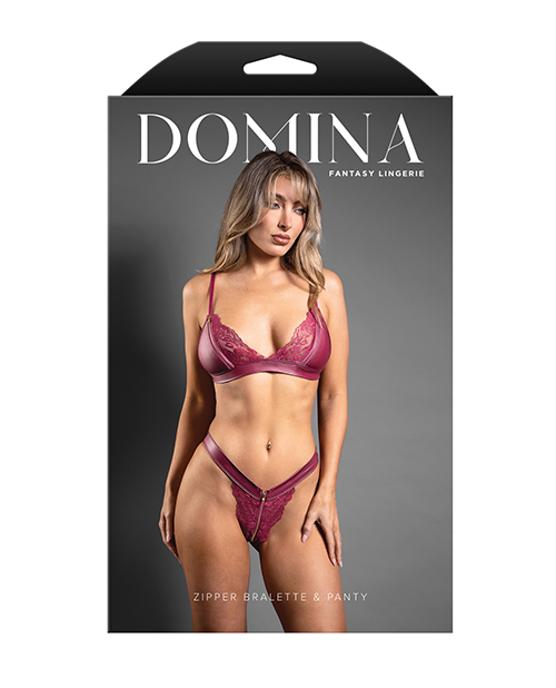 Thumbnail for Domina Lace Bralette &amp; Panty in Leatherette w/Zipper Detail - Berry M/L