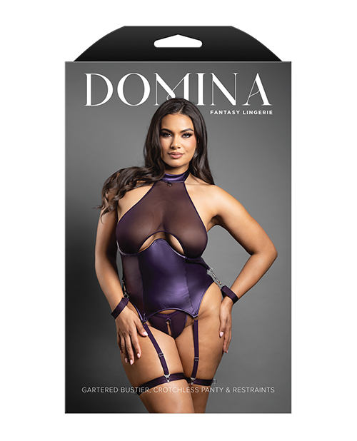 Thumbnail for Domina Mesh Gartered Bustier &amp; Crotchless panty Set w/Restraints - Purple QN