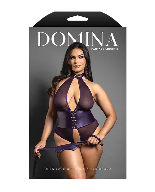 Thumbnail for Domina Open Halter Teddy in Mesh &amp; Leatherette w/Matching Blindfold - Purple QN