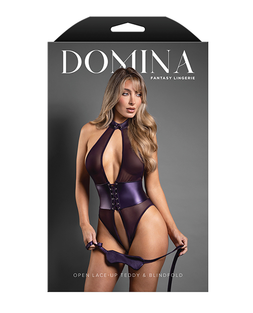 Thumbnail for Domina Open Halter Teddy in Mesh &amp; Leatherette w/Matching Blindfold - Purple S/M