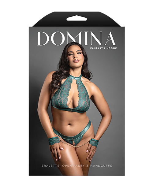 Thumbnail for Domina Lace Bralette &amp; Open Panty w/Detachable Chain-Link Handcuffs - Green QN