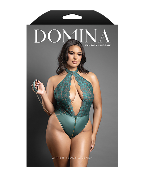 Thumbnail for Domina Lace Halter Teddy w/Zipper Detail &amp; Detachable Chain-Link Leash - Green QN