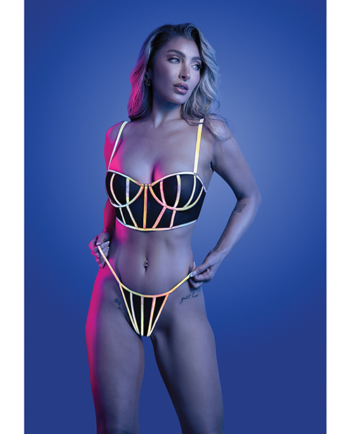 Solar Flare Flash Reflective Binding Underwire Bra &amp; Thong - Black M/L