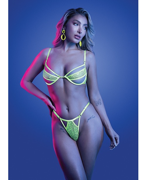 Mind Control UV Reactive Lace and Mesh Underwire Bra &amp; Thong - Neon Green L/XL