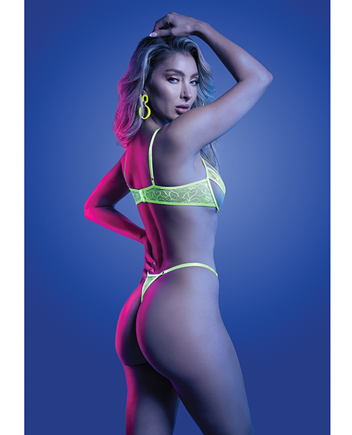 Thumbnail for Mind Control UV Reactive Lace and Mesh Underwire Bra & Thong - Neon Green L/XL