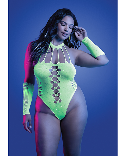 Pressure Point UV Reactive Rhinestone Studded Teddy &amp; Gloves/Leg Warmers 2 pc Set - Neon Green QN
