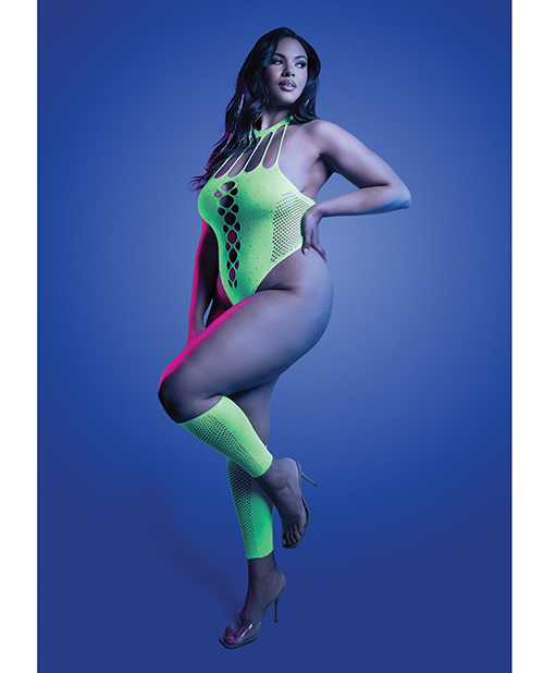 Thumbnail for Pressure Point UV Reactive Rhinestone Studded Teddy &amp; Gloves/Leg Warmers 2 pc Set - Neon Green QN