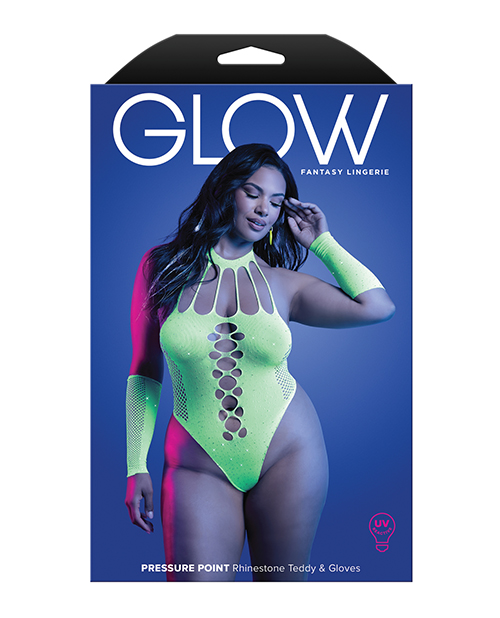 Thumbnail for Pressure Point UV Reactive Rhinestone Studded Teddy &amp; Gloves/Leg Warmers 2 pc Set - Neon Green QN