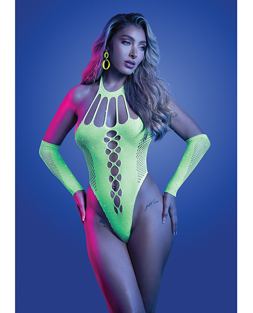 Pressure Point UV Reactive Rhinestone Studded Teddy &amp; Gloves/Leg Warmers 2 pc Set - Neon Green O/S